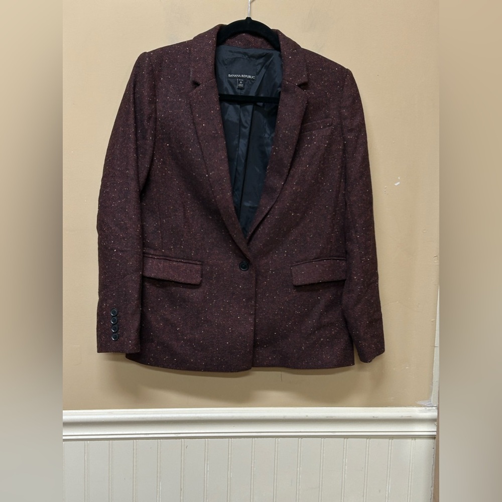 Banana Republic Petite 6P Blazer Jacket Speckled Burgundy Wool Blend
